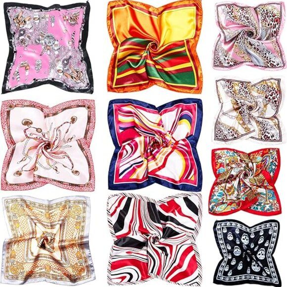Set of 10 Women's Silk Feel Neck Scarf's Beautiful Patterns and Colors - Picture 2 of 2